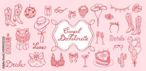 Hand drawn cowgirl and cowboy illustration set in coquette doodle style. Vintage whimsical western symbols with bows, boots, hats cactus. Cute retro line art playful Texas charm trendy girly aesthetic