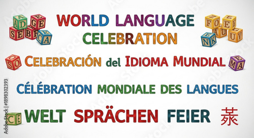 Vibrant World Language Celebration poster with colorful text and gift boxes in multiple languages displayed on a white background from a straightforward viewpoint