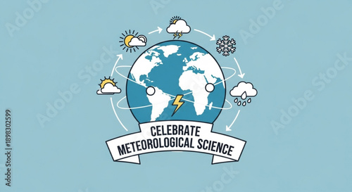 A graphic illustration celebrating meteorological science with the Earth surrounded by weather elements from various viewpoints