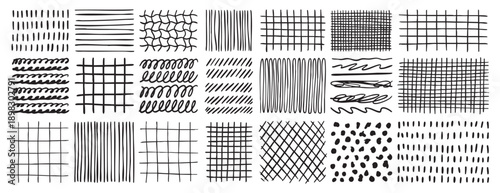 Hand drawn grids patterns set. Doodle pencil texture collection. Abstract line backgrounds for design