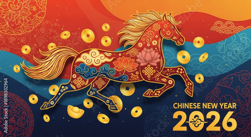 A vibrant illustration of a horse running amidst gold coins and abstract shapes celebrating the Chinese New Year 2026