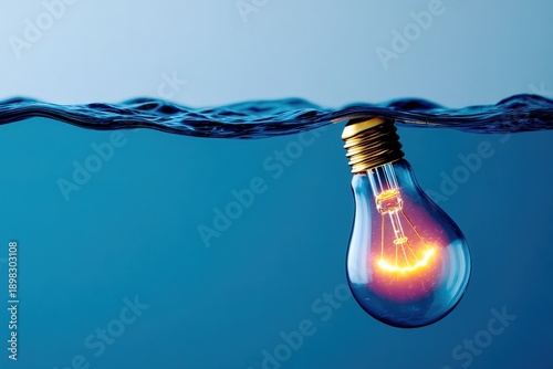 Light bulb submerged in water with glowing filament creates a striking visual contrast at dusk
