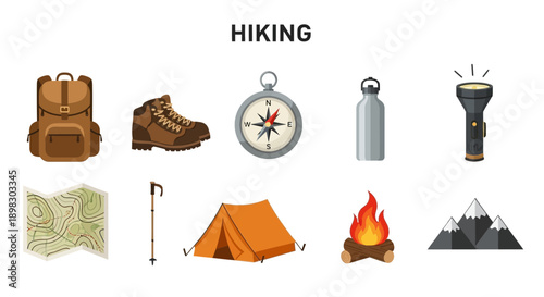 A collection of eight brown and gray hikingrelated icons on a white background