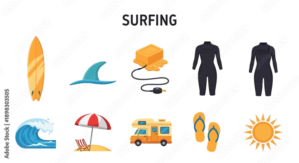 Fototapeta premium An illustration displaying ten icons related to surfing activities on a white background