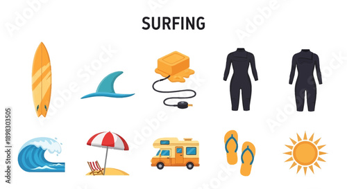 An illustration displaying ten icons related to surfing activities on a white background