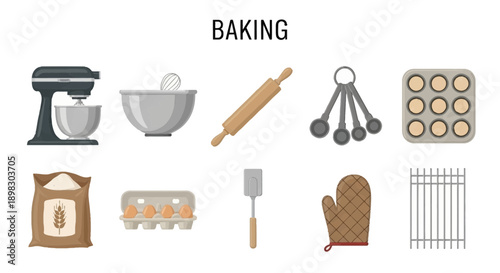 Collection of flatstyle baking tools and ingredients on a white background