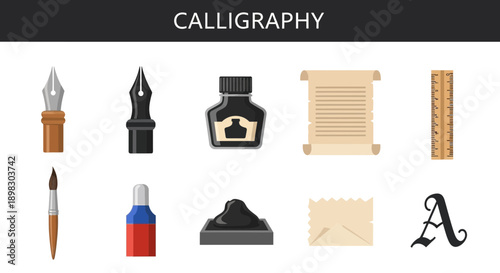 Collection of nine icons related to calligraphy including pens ink paper and a letter A
