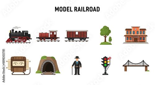 Collection of ten colorful icons related to model railroads including rolling stock and scenery