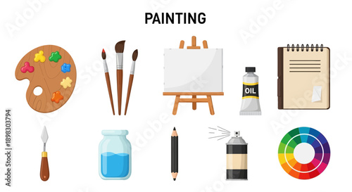 Collection of ten colorful painting supplies arranged in two rows