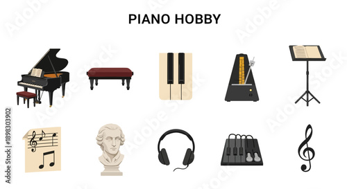 Collection of ten pianorelated icons displayed against a white background