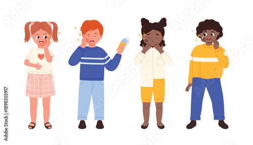 Sad kids with toothache set. Cute sick boys and girls suffering from tooth sensitivity and decay, young person eating ice cream and holding cheek in pain, children cry cartoon vector illustration