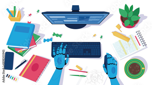 Online work of artificial intelligence on tasks, development of AI tools. Top view of robot sitting at desk with computer to type on keyboard, pen and books on table cartoon vector illustration