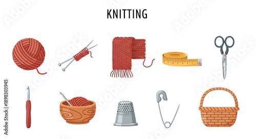 Collection of ten red and brown knitting and sewing tools and items on a white background