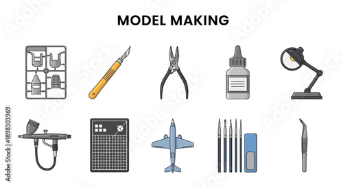 Collection of tools and items used for plastic scale model making