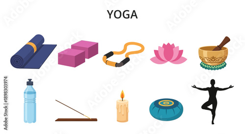 Collection of yoga equipment symbols and a person in a pose
