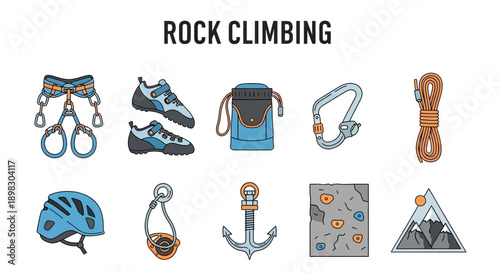 Illustration of ten rock climbing equipment items and two related icons