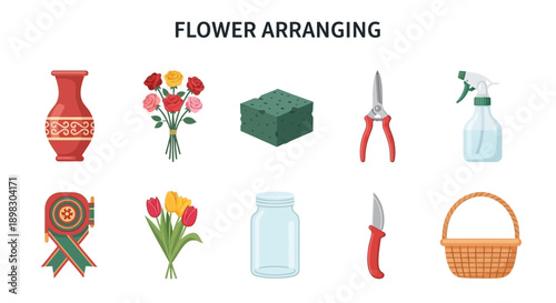 Illustration of various flower arranging tools flowers and containers