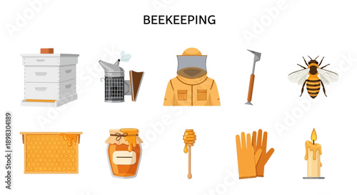 Illustration set of ten beekeeping tools equipment product and insect on white background