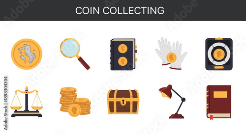 Ten flatdesign icons related to coin collecting displayed in two rows