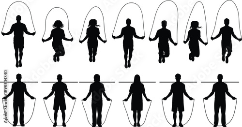 Black silhouette vector illustration of people jumping rope, skipping exercise set, cad drawing flat vector illustration, fitness workout isolated on white background