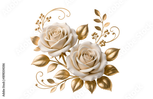 Elegant cream rose bouquet corner with golden leaves berries and swirl ornaments on black background luxury floral frame element for wedding invitation card border and logo in 3D render
