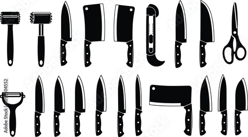 Kitchen knife silhouette vector set, chef tools, cleaver, peeler, scissors and meat tenderizer icon collection, cad drawing flat vector illustration, isolated
