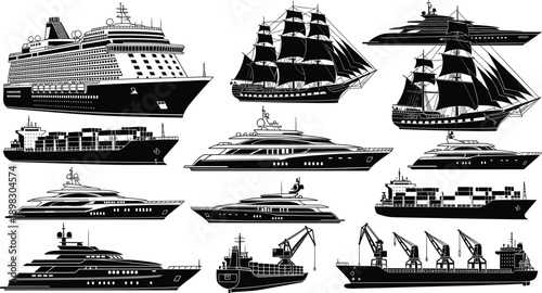 Large Ship Silhouette Collection, Cruise Liner, Container Cargo Vessel, Luxury Yacht, Sailing Ship, Oil Tanker, Marine Transport, Vector Illustration Isolated on White