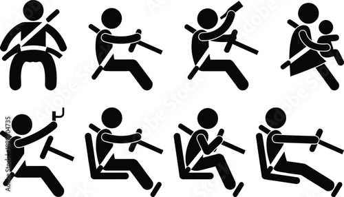 A series of stick figures demonstrating various safety belt positions and seat belt usage.