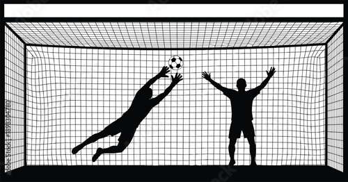 Silhouette of soccer goalkeeper jumping to save ball near goal net, football striker celebrating score, sports competition vector illustration, isolated.