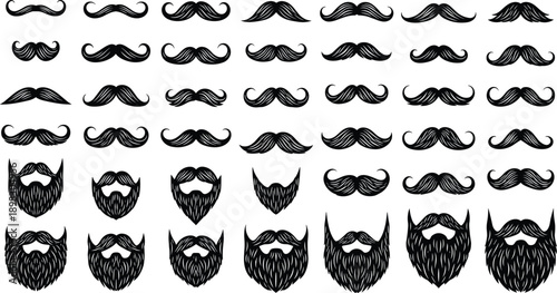 Vintage Mustache and Beard Silhouette Set, Barber Shop Icons, Grooming Styles for Men, Retro Facial Hair Design, Vector Illustration Isolated on White Background