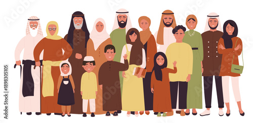 Arab big family of generations standing together. Portrait of happy modern Muslims, adults and children, senior and young people greeting, female characters in hijabs cartoon vector illustration