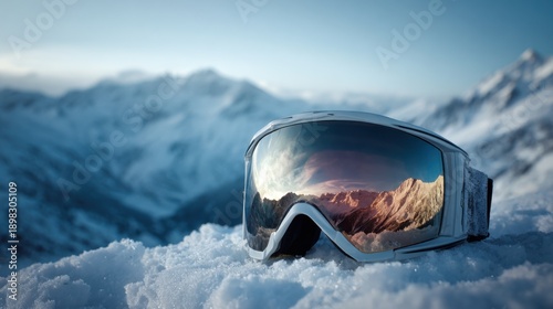 Wallpaper Mural Ski goggles on snow reflecting sunset, warm amber tones, soft horizon glow, mirrored lens showing distant peaks, textured foam and strap, polished retail composition, copy space for branding, cozy Torontodigital.ca