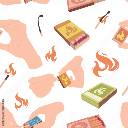Seamless pattern featuring matchsticks, flames, and hands lighting matches. Ideal for decorative purposes and themed designs vector illustration.