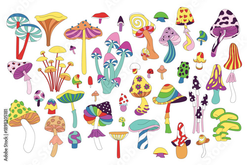 Collection of colorful psychedelic mushrooms in various shapes and patterns including stripes, dots, and swirls, representing fantasy, surreal, and imaginative botanical elements vector illustration