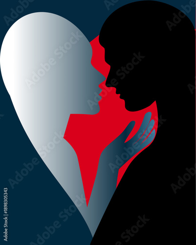 Heart fusion: romantic silhouette of a loving couple