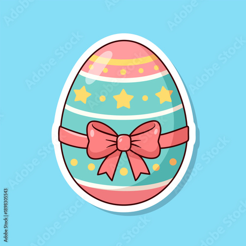 Easter egg illustration vector sticker. Decorated egg with pink bow.