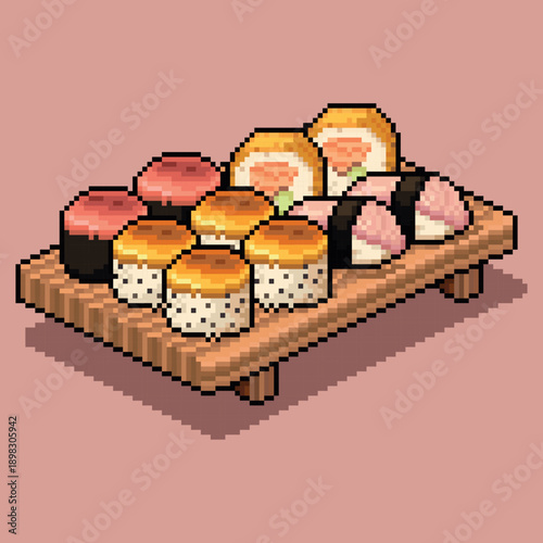 Pixel art sushi assortment on wooden platter featuring nigiri, maki, and uramaki in vibrant 8-bit retro style. Vector illustration of diverse japanese sushi set with salmon, tuna, tamago.
