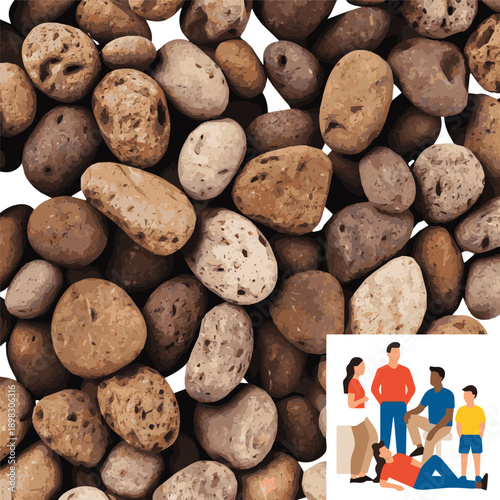 Create a realistic Brown stones and pebbles natural gravel texture for construction and decoration, rough surface macro closeup group of people vector art with white background.