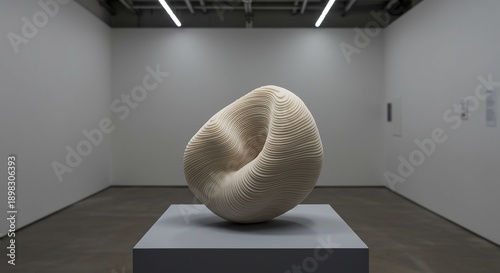 Art gallery sculptural eggshaped artwork on a gray pedestal minimalist interior white walls fluorescent lights