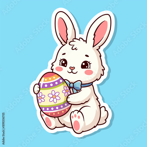 Easter bunny illustration vector sticker. Cute white rabbit with easter egg. Cartoon character mascot.