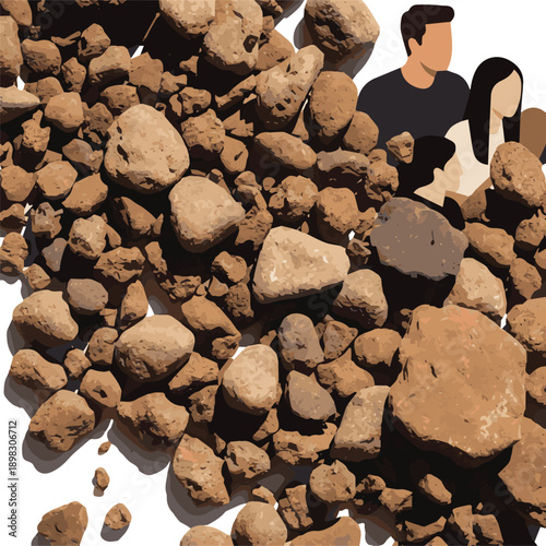 Create a realistic Brown stones and pebbles natural gravel texture for construction and decoration, rough surface macro closeup group of people vector art with white background.