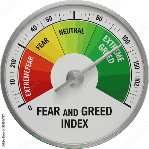 Create a realistic Fear And Greed Index. The index shows which moods prevail in the stock market Extreme Greed gauge. 3d rendering vector art with white background..