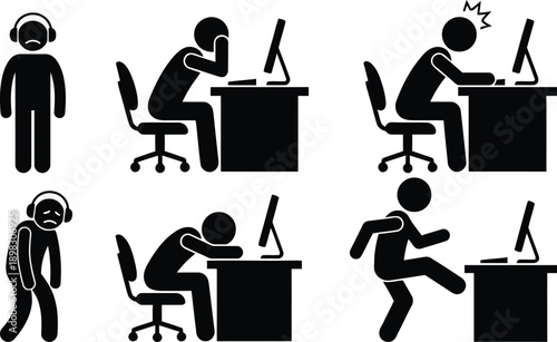 Illustration of people working at desks in various postures and states of fatigue