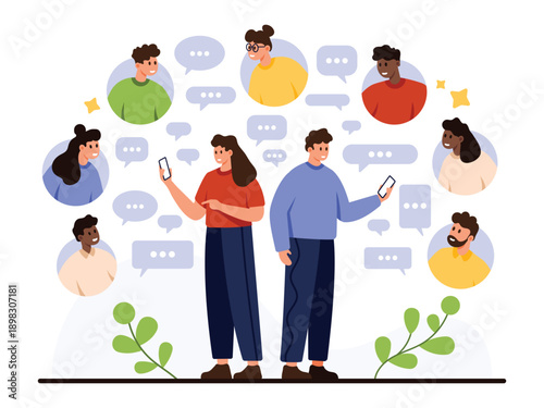 Young adults using smartphones to connect and exchange messages, surrounded by diverse avatars and chat bubbles, representing digital social interaction and online communication vector illustration