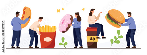 Group of diverse people interacting with oversized fast food including burger, fries, hotdog, donut, and coffee cup, playful concept for unhealthy eating isolated on white background vector