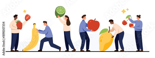 Group of diverse people carrying oversized fruits and berries including strawberry, banana, lime, apple, mango, and cherries, healthy eating, nutrition, isolated on white background vector