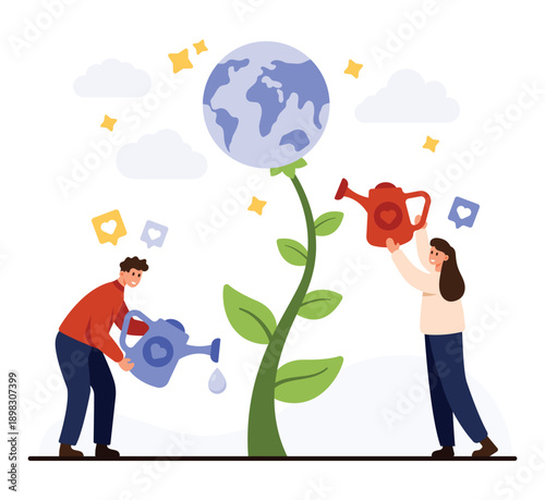 Two people watering a plant with Earth as a flower, promoting environmental care, sustainability, and eco-friendly actions, isolated on white background vector illustration