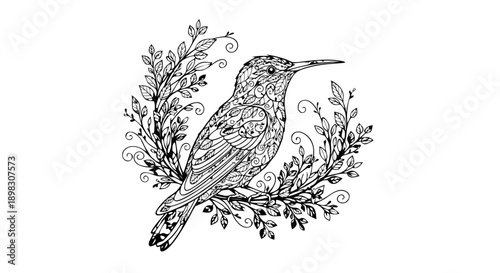 A hand drawn black silhouette illustration of a wild bird with a sharp beak and feathers perched on a green tree branch in nature