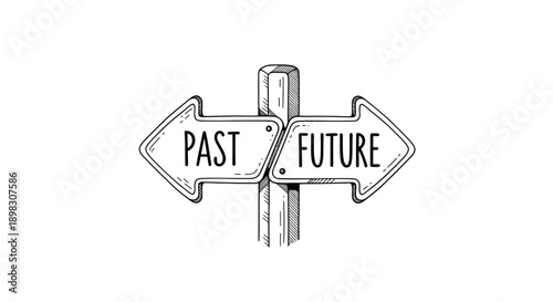 Drawn Signpost with Arrows Pointing Left to Past and Right to Future, Decision Making Concept, Vector Illustration