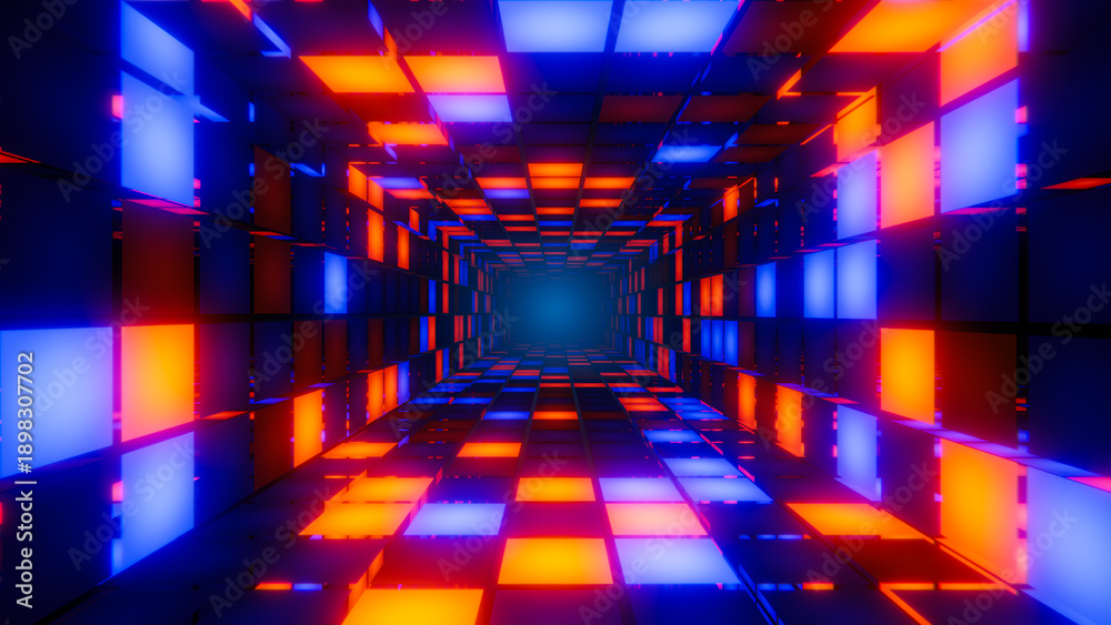 Fototapeta premium Digital tunnel with glowing orange and blue checkerboard patterns creating an abstract visual experience